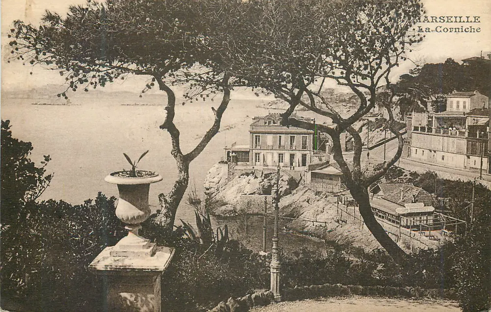 Marselha - A Corniche — vista panorâmica com pinheiro e urna - Frente