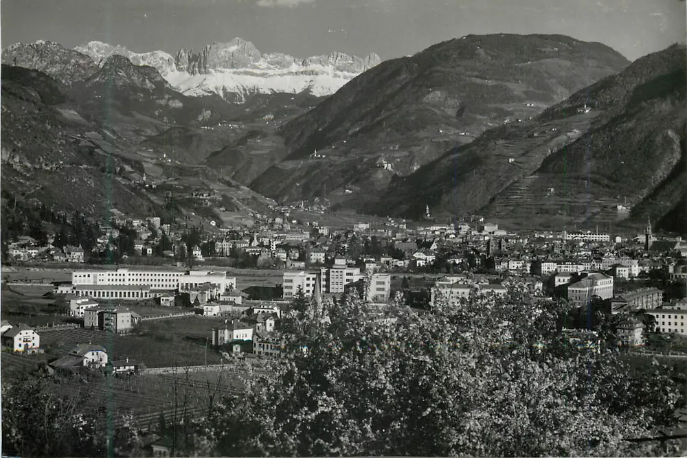 Städtisches Tal mit alpinen Bergen — Schneegipfel im Hintergrund — Panoramablick - Vorderseite