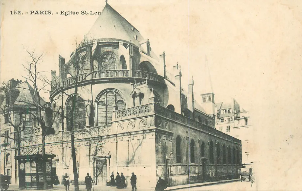 Paris - Igreja de Saint-Leu — vista do edifício com seu campanário e sua entrada, n° 152 - Frente