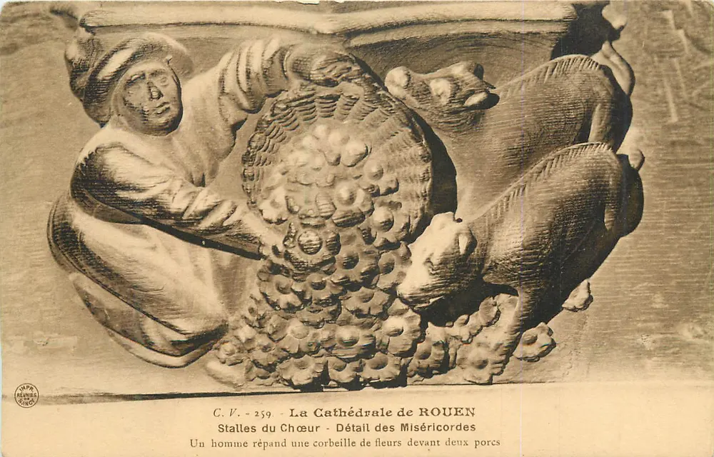 Die Kathedrale von ROUEN — Chorbanken — Detail der Misericords - Vorderseite