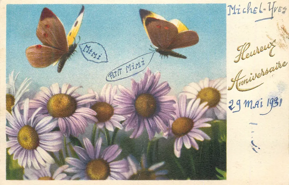 Dois borboletas acima de flores — Michel-Yves — número de série não legível - Frente