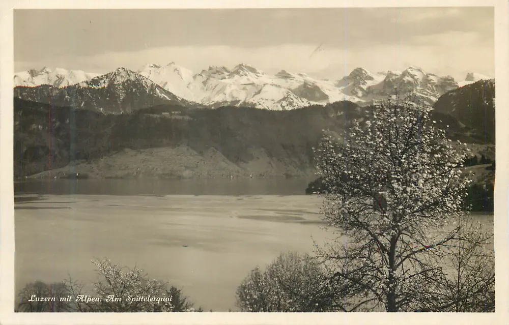 Lucerna com as Alpes. No Spittelerquai — vista lacustre com montanhas nevadas - Frente