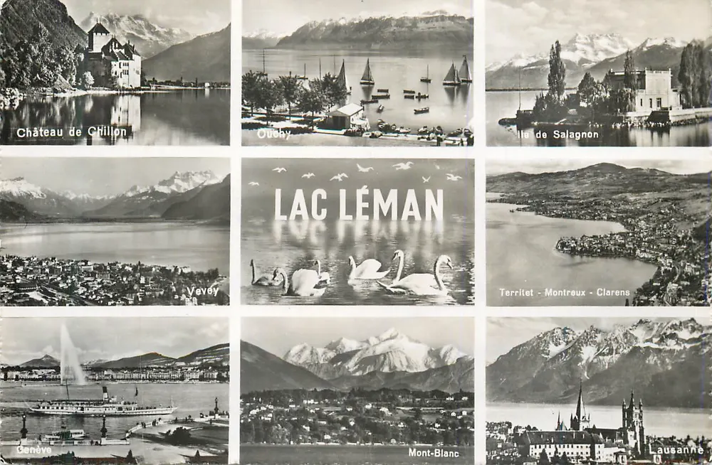 Lago Léman — Vista panorâmica com Castelo de Chillon, Ouchy, Ilha de Salagnon, Vevey, Territet-Montreux-Clarens, Genebra, Mont-Blanc, Lausanne - Frente