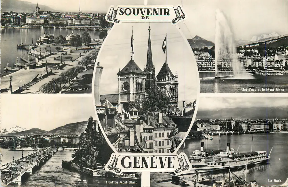 Genebra — Vista geral, Jato d'água, Torres St-Pierre, Ponte do Mont Blanc — Lembrança de Genebra - Frente