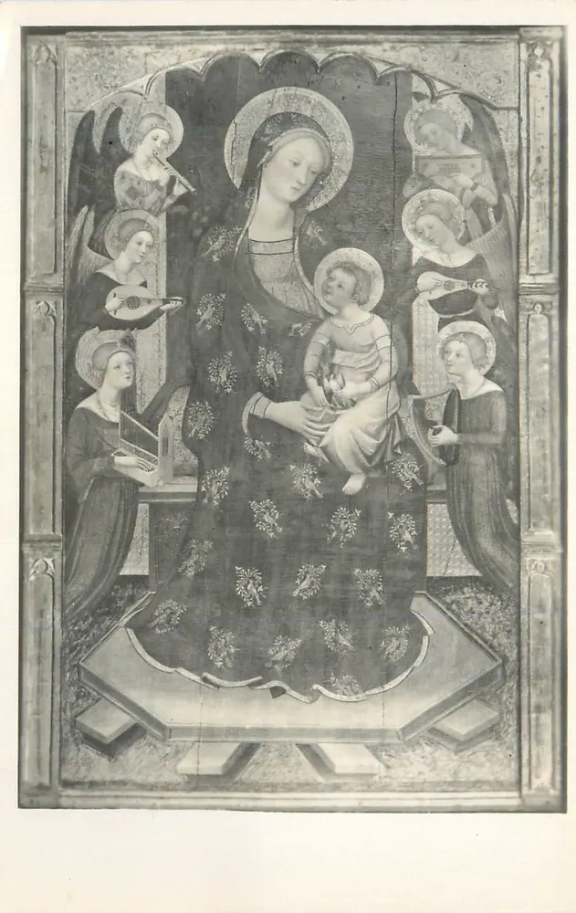 Virgem com o Menino cercada de anjos — pintura religiosa — editor e número de série não legíveis - Frente