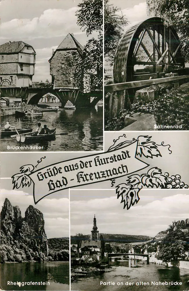 Kreuznach — Brückenhäuser, Satinenrad, Rheingrafenstein, Partie an der alten Nahebrücke - Recto