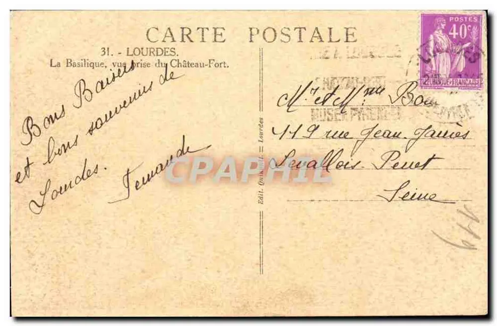 Yanoy — Luftbild der Basilika und des Schlosses — Verlag Quinault, Lourdes - Rückseite