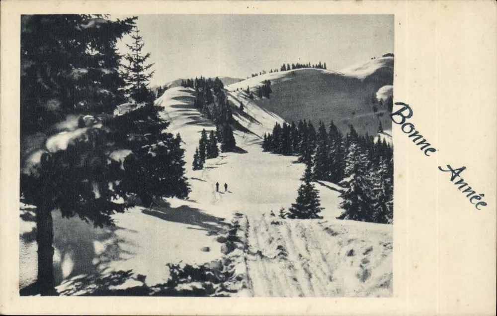 Paesaggio invernale innevato — due sciatori — testo 'Bonne Année' - Recto