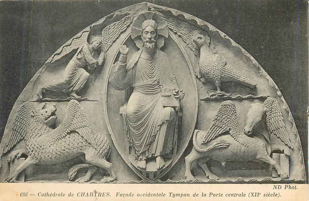 Kathedrale von Chartres — Westfassade, Tympan der zentralen Tür (12. Jahrhundert) - Vorderseite