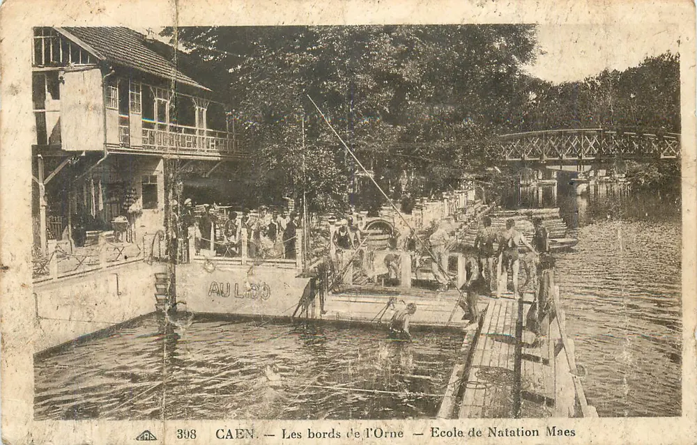 CAEN — Les bords de l'Orne — École de Natation Maes — Imprimé sur la carte n° 398 - Frente