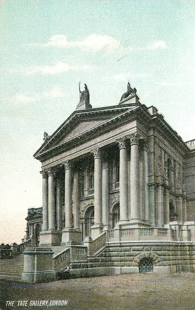 De Tate Gallery, Londen — Uitzicht op neoklassieke gevel met zuilen en beelden — uitgever niet geïdentificeerd - Voorkant