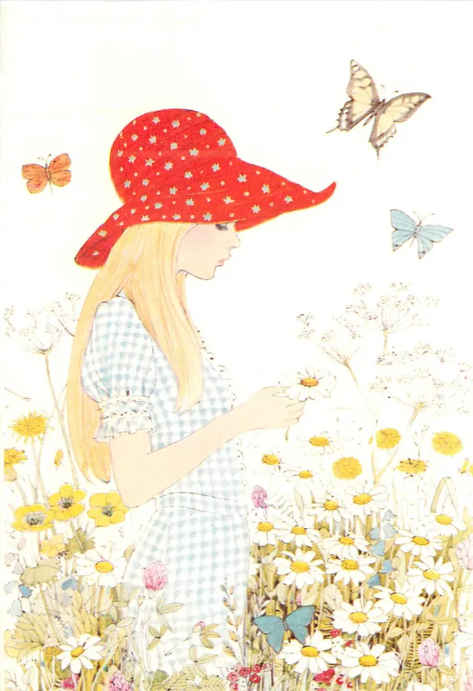 Menina com chapéu vermelho — campo de flores e borboletas — ilustração - Frente