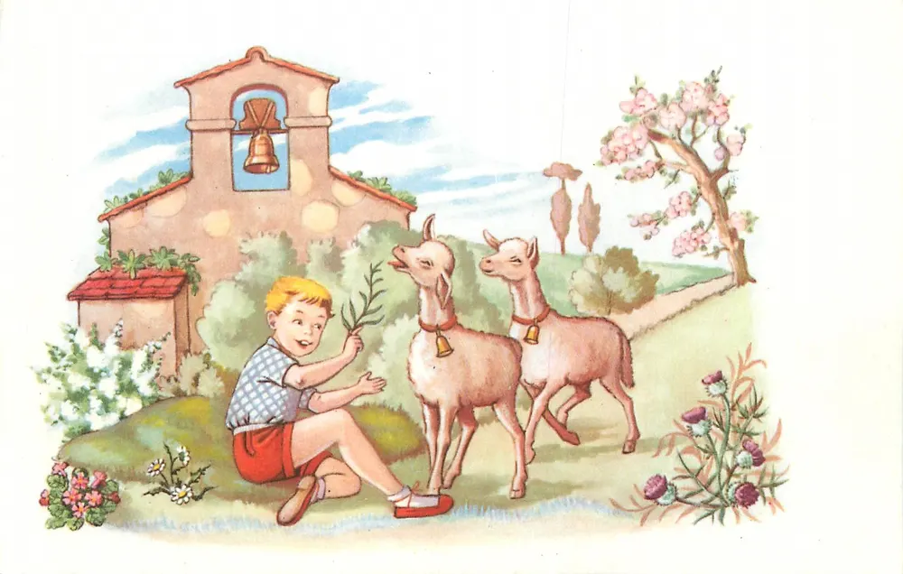 Criança e duas cabras perto de uma igreja — ilustração colorida — editor e número de série ilegíveis - Frente