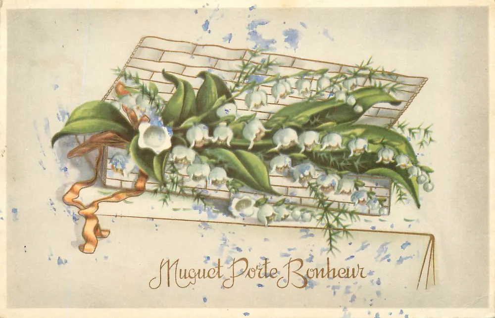 Muguet Porte Bonheur — beyaz muguet çiçekleri ızgara üzerinde — yazar ve seri numarası okunamaz - Ön yüz