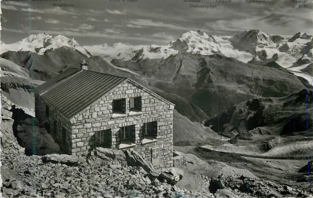 Refúgio de montanha — vista panorâmica das Alpes suíças — editor não identificado - Frente