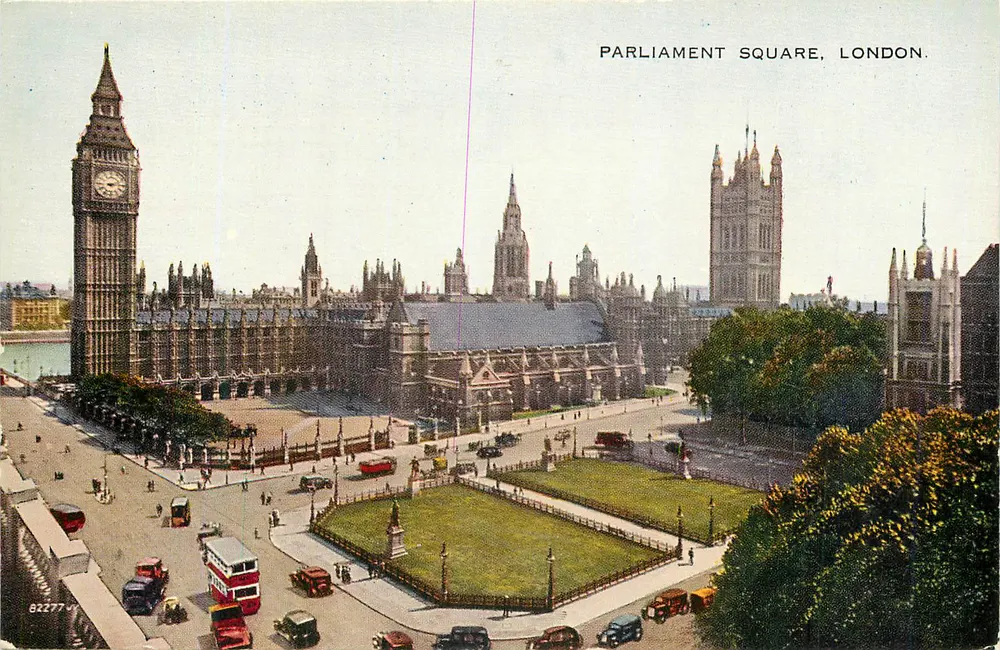 Parliament Square, Londres — vista panorâmica com o Big Ben e o Parlamento — editor não identificado, n° de série 822777 - Frente