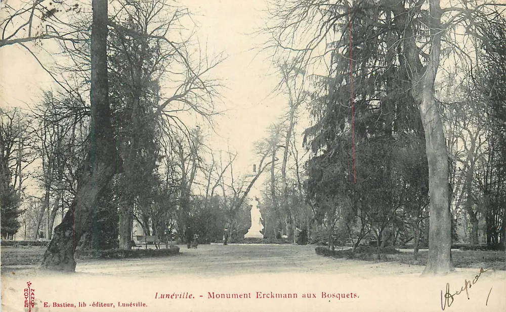 Lunéville - Monument Erckmann ai Bosquets — E. Bastien, lib-éditeur, Lunéville - Recto