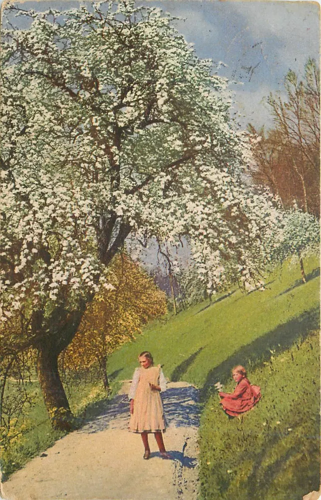 Dois crianças perto de uma árvore em flor — cena de primavera — editor não identificado - Frente
