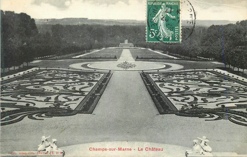 Champs-sur-Marne - O Castelo — vista dos jardins franceses — editor Voyez, tabac-vins, Champs-S. et M. - Frente