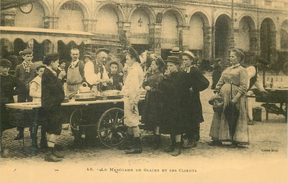 Tipos Toulousains — O vendedor de sorvetes e seus clientes — Cliché Briol - Frente