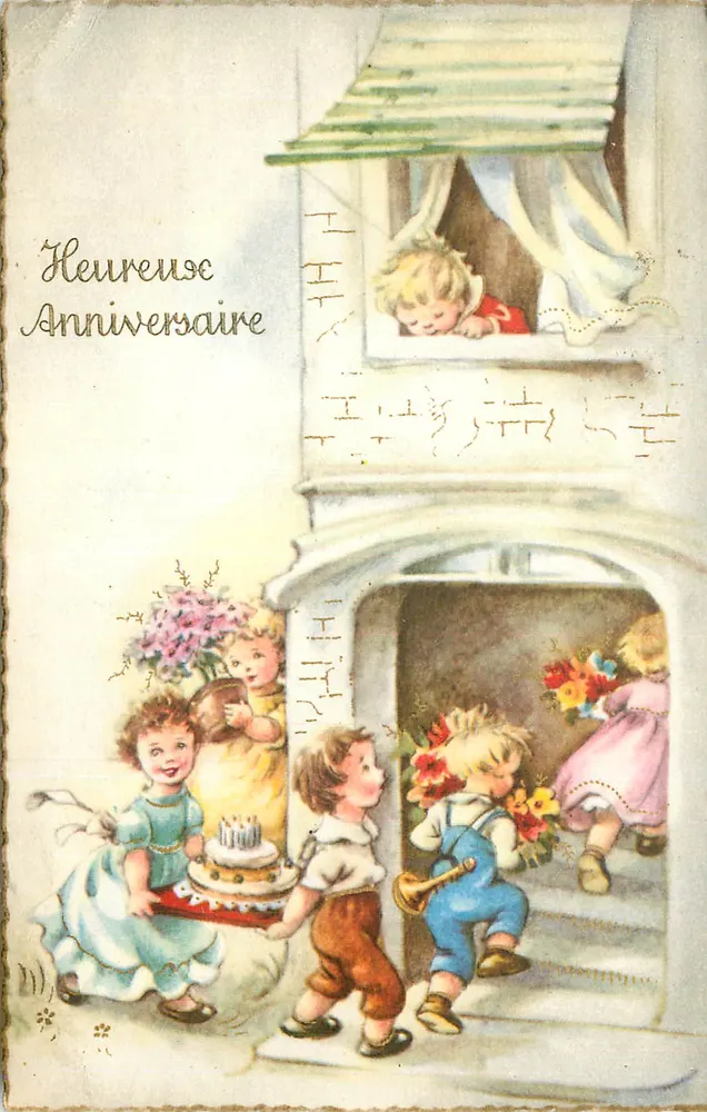 Festa de aniversário — crianças com bolo e flores — editor desconhecido - Frente