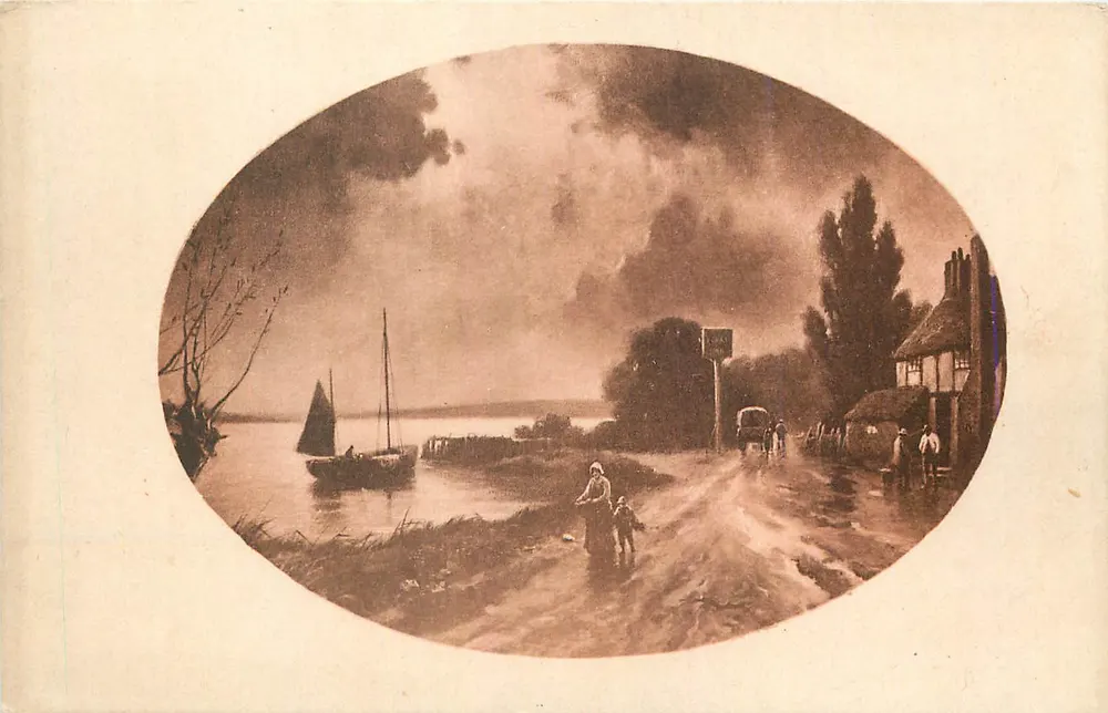 Uitzicht op een lakei dorp — strandscene met zeilboot — uitgever niet zichtbaar - Voorkant