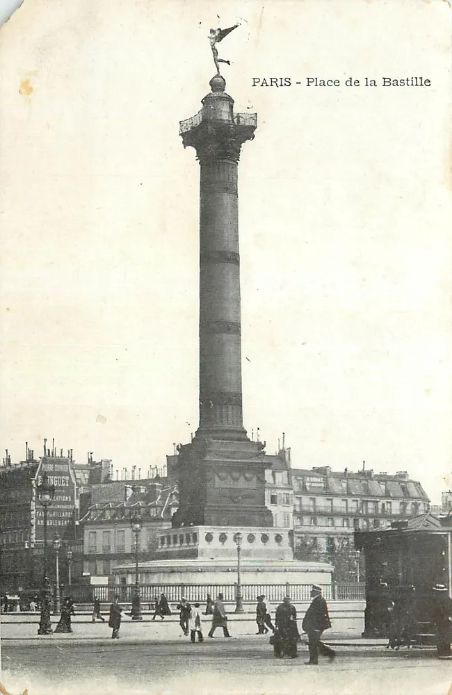 Paris - Praça da Bastilha — coluna da Bastilha com estátua no topo — editor: B. B. B. (Bastille) n° 123 - Frente