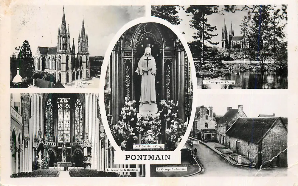 Pontmain — Basilique, Trône de la Vierge, Étang et Grange Barbodette — Éditeur impr. sur carte - Front