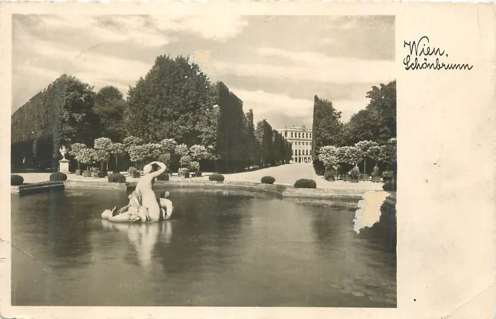 Schönbrunn — jardin avec fontaine et statue, éditeur non visible - Frente