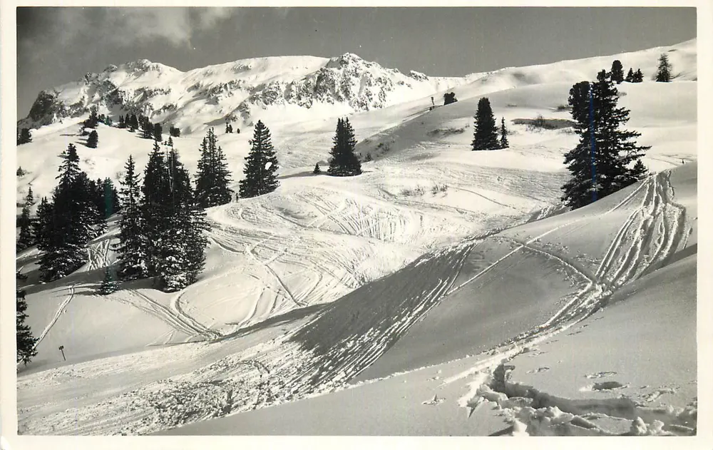 Paisagem de montanha nevada — rastros de esquis e raquetas — editor não identificável - Frente