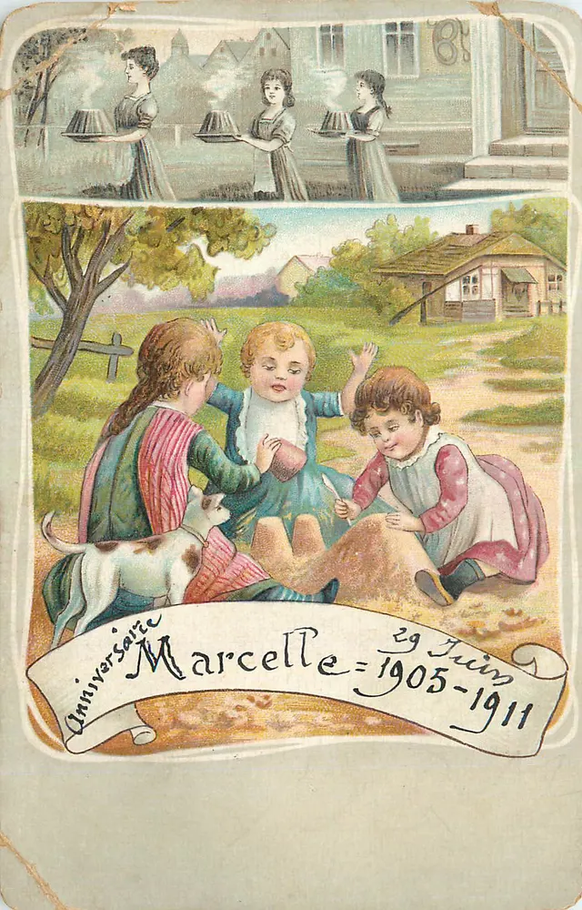 Aniversário de Marcelle — 29 de junho 1905-1911 — carta postal ilustrada - Frente