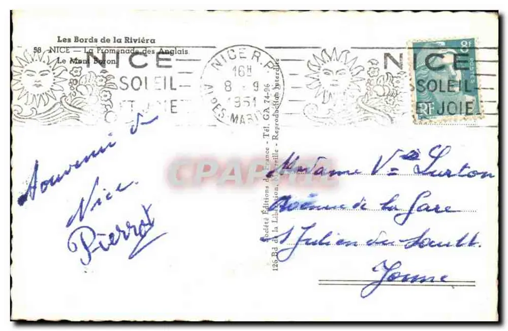 Visão da Promenade dos Ingleses em Nice — editor Ryner - Verso