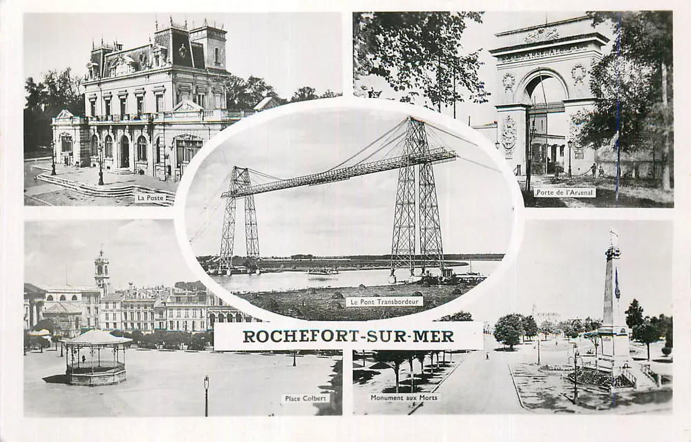 Rochefort-sur-Mer — Panoramablick mit Postamt, Brücke Transbordeur, Tor des Arsenal und Kriegerdenkmal — Verlag unbekannt - Vorderseite