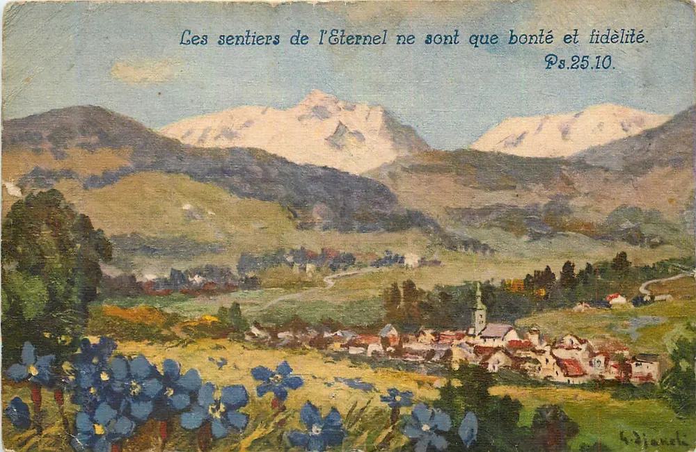 Los caminos del Eterno — paisaje montañoso con aldea — editor G. Djanek - Anverso