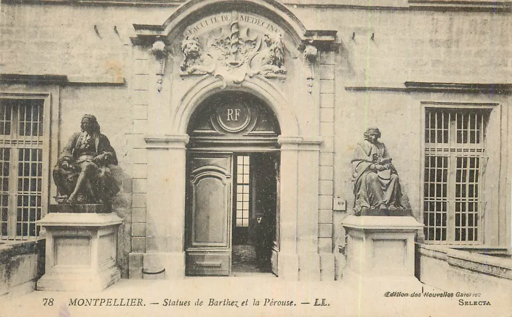 Montpellier — Faculdade de Medicina — Estátuas de Barthex e a Pérouse — Edição das Novas Galerias SELECTA - Frente