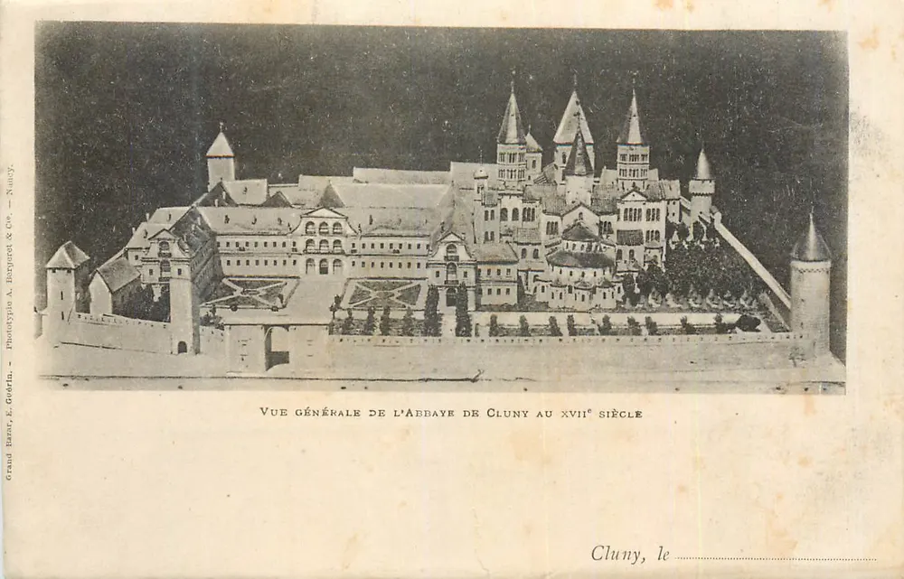 Vue générale de l'abbaye de Cluny au XVIIIe siècle — Grand Bazar, E. Guérin, Nancy - Recto