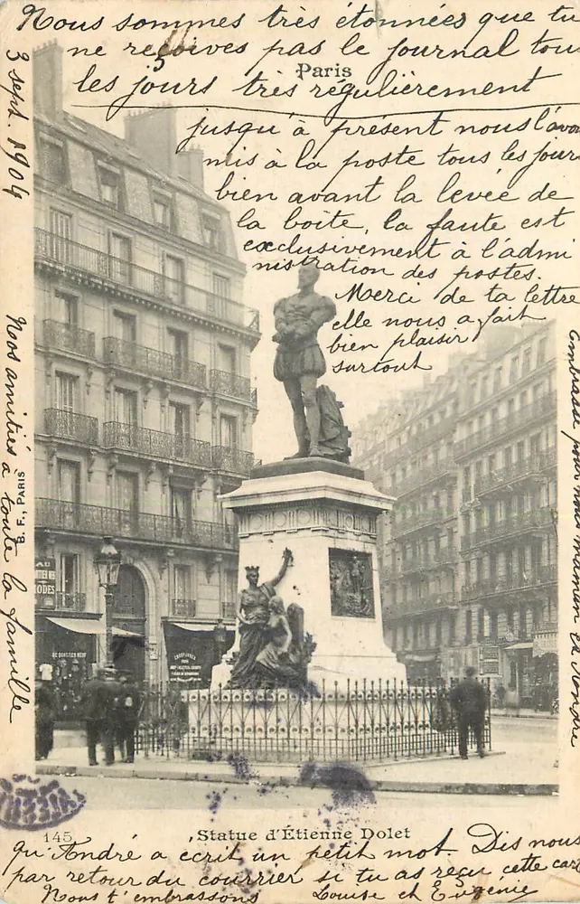 Statue d'Étienne Dolet — Paris — Éditeur : B. E. Paris, n° 145 - Recto