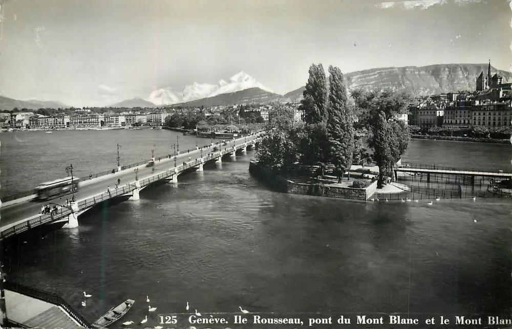 Genf. Insel Rousseau, Brücke Mont Blanc und Mont Blanc - Vorderseite