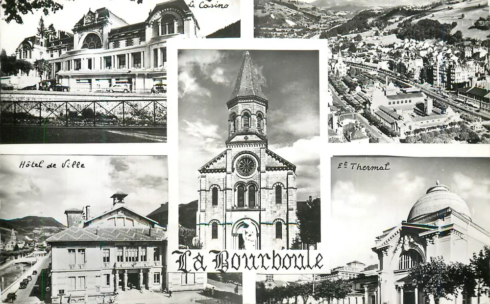 La Bourboule — Panoramablick mit dem Casino, der Thermalanlage, dem Rathaus und der Kirche — Verleger nicht sichtbar - Vorderseite