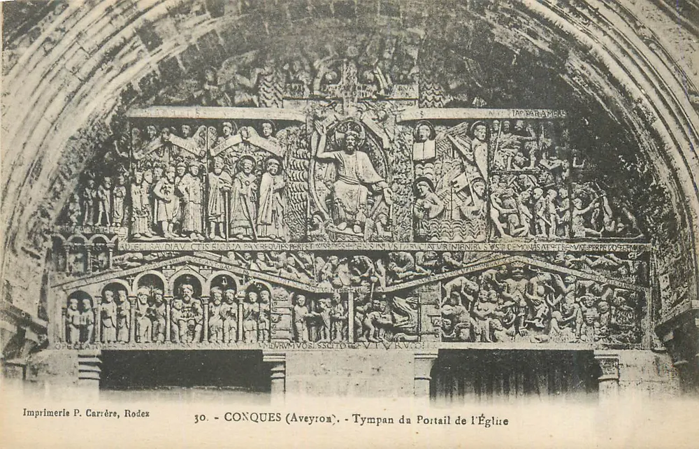Conques (Aveyron) — Schnitzereien des Kirchentors — Imprimerie P. Carrère, Rodex, n°30 - Vorderseite