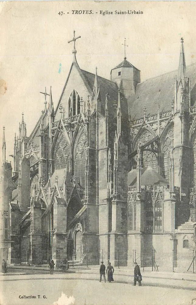 Troyes - Église Saint-Urbain — façade gothique avec croix et clocher, éditeur Collection T. G., n° 47 - Frente