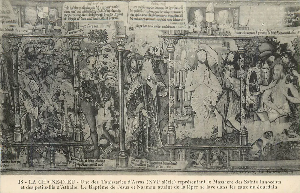 La Chaise-Dieu — Arras-Teppiche (16. Jahrhundert) — Massaker der Unschuldigen, Taufe Jesu, Naaman mit Leprosie, der sich in den Wasser des Jordans wäscht - Vorderseite