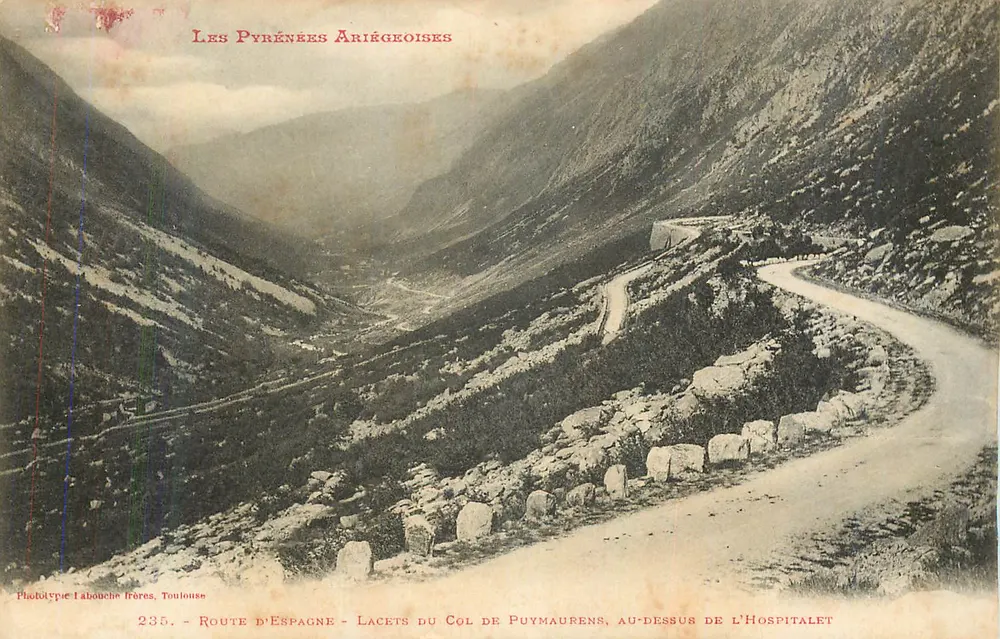 Pirineus Ariégeois — Estrada de Espanha - Curvas do Col de Puymaurens, acima de L’Hospitalet — Fototipia Labouche frères, Toulouse, n° 235 - Frente