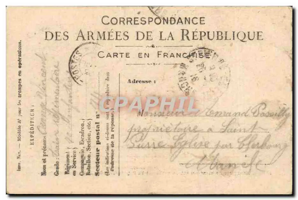 Korrespondenz der Armee der Republik — Freikarte — datiert 21. Oktober 1916 - Vorderseite