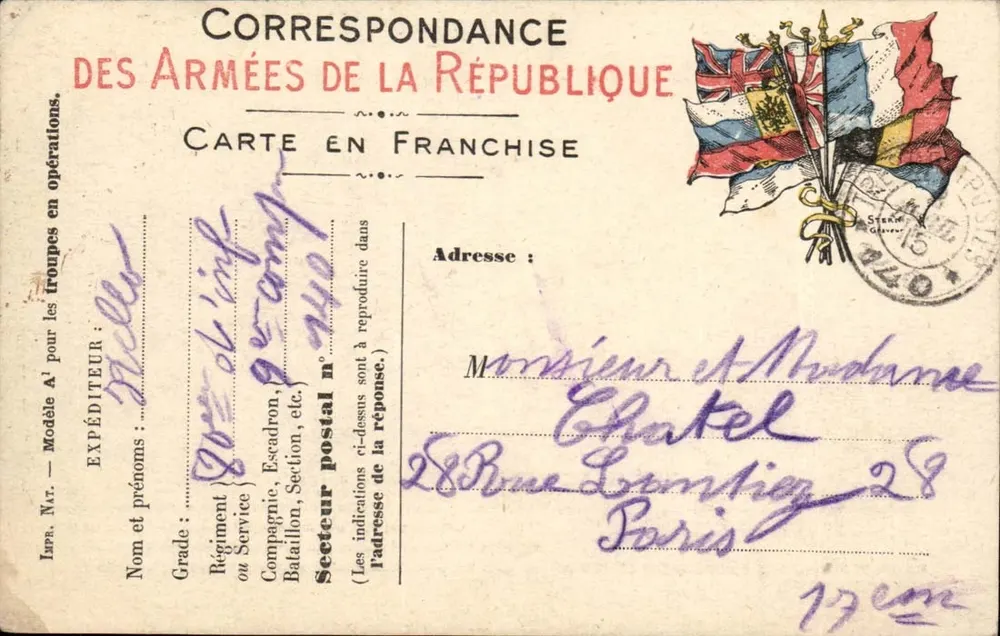 Korrespondenz der Armee der Republik — Freiporto — Absender: 'M. de l'inf. 82e camp 2440' — Empfänger: M. Châtel, 28 Rue Lormel, Paris - Vorderseite