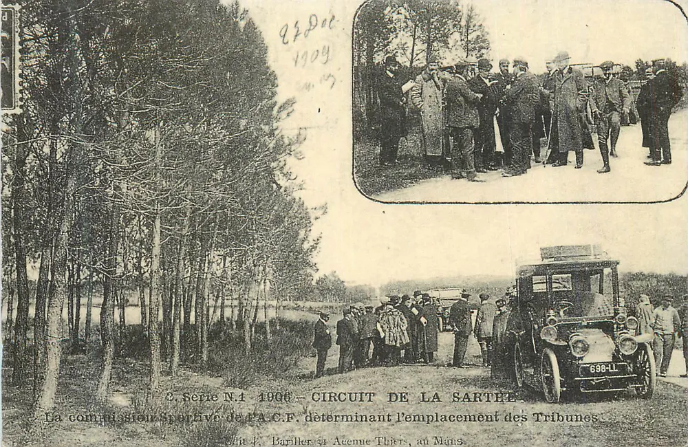 Circuito da Sarthe — A Comissão Esportiva da A.C.F. determinando a localização das arquibancadas — Editor J. Bariller & A. Thiers, em Le Mans - Frente