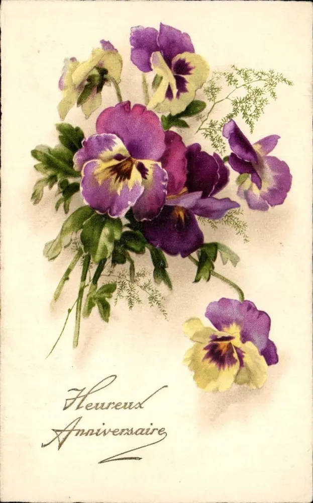 Bouquet aus violett und gelben Veilchen — Frohes Geburtstag — unbekannter Verlag, Seriennummer nicht sichtbar - Vorderseite