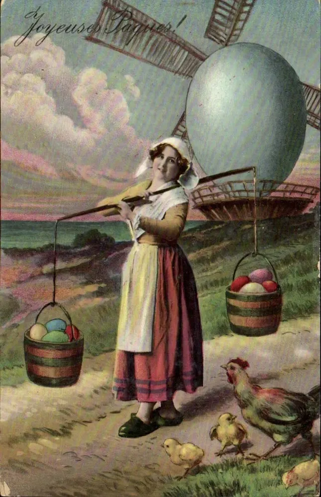 Frau mit Eierkörben — Riesen-Ei und Windmühle — Serie 811, gedruckt in Deutschland - Vorderseite