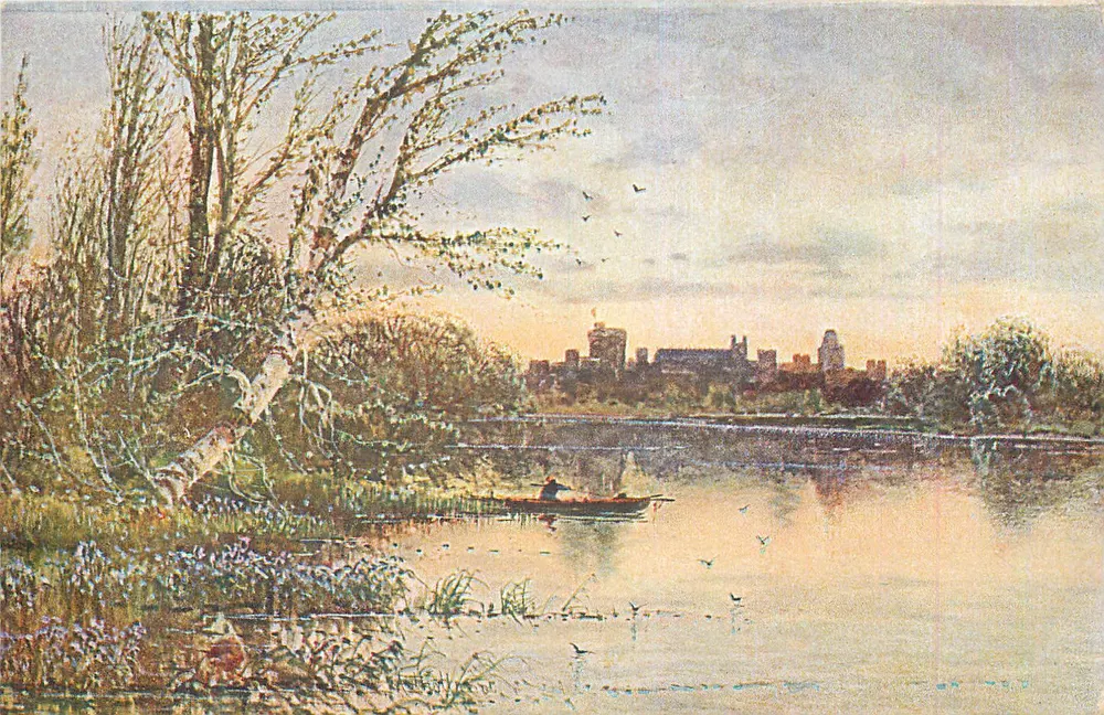 Vista do lago com cidade no fundo — pintura a água — editor não visível - Frente