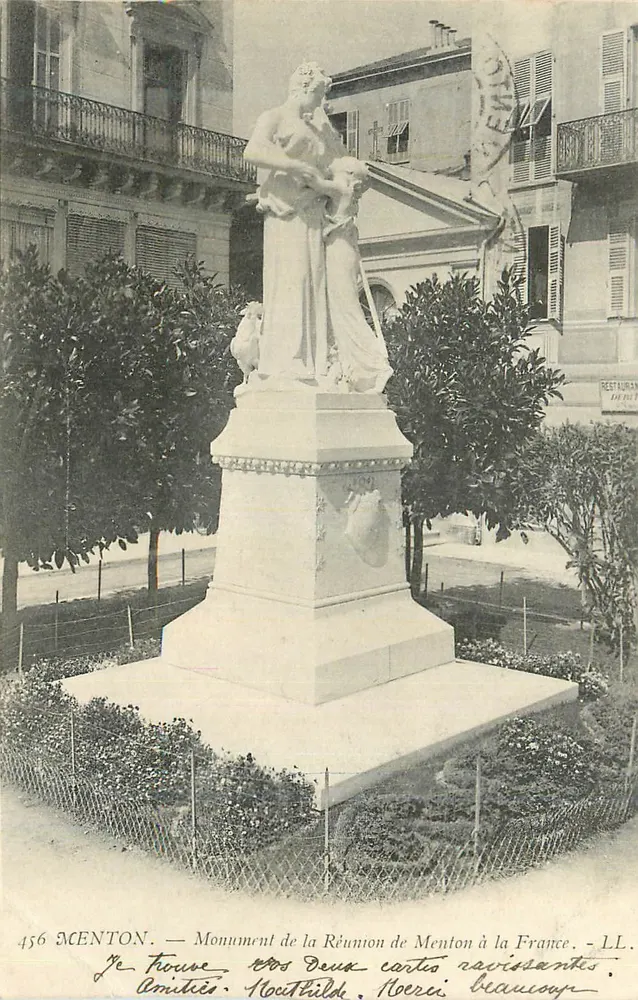 Antike Ansichtskarte Menton Denkmal der Vereinigung Menton mit Frankreich - Vorderseite